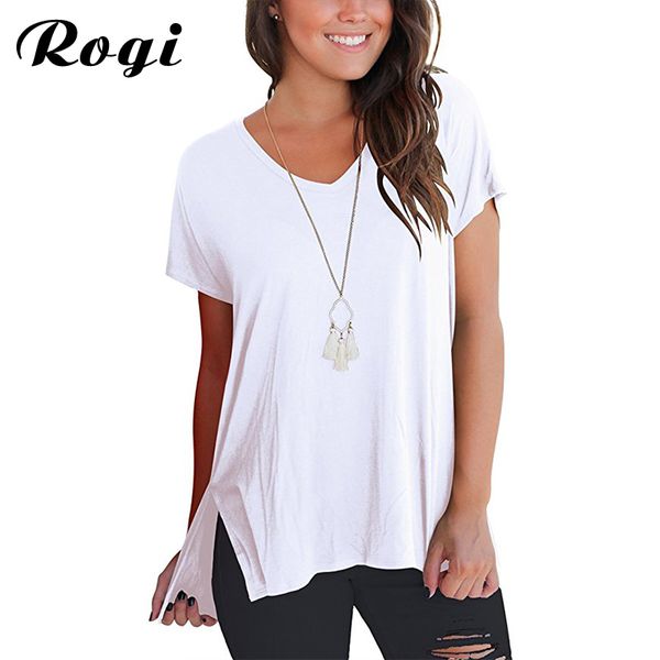 

rogi summer for women 2018 casual short sleeve t shirt women side split loose v neck tee shirt femme solid t-shirt 3xl, White