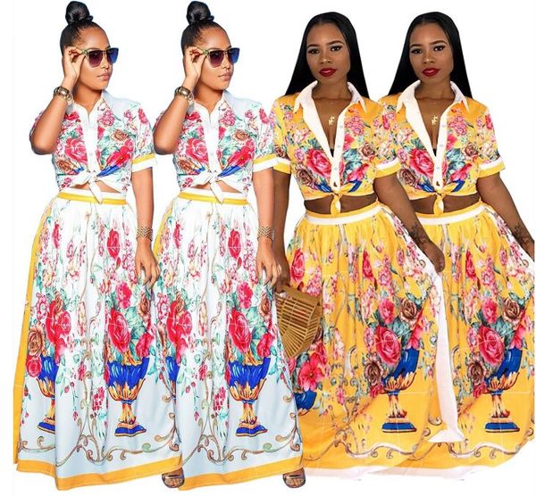 

женская цветочный принт повседневная из двух частей наряды с коротким рукавом растениеводство топы и длинные юбки, White