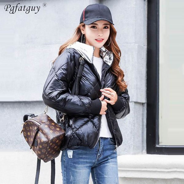

new 2018 metal black bright hooded jacket coat women winter warm cotton padded short parkas bomber streetwear parka