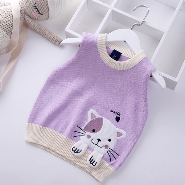 

2018 autumn girls knitting vest cartoon embroidered cat baby coat knitted sweater vest spring kids outerwear children jackets, Blue