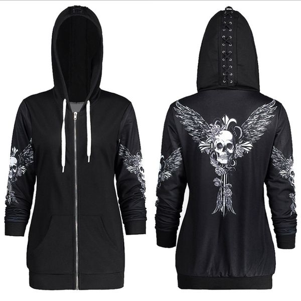 

Street Style Women Sweat Jacket Hooded Black Sweatshirts Free Shipping Printed Long Sleeve Cardigans S - 2XL