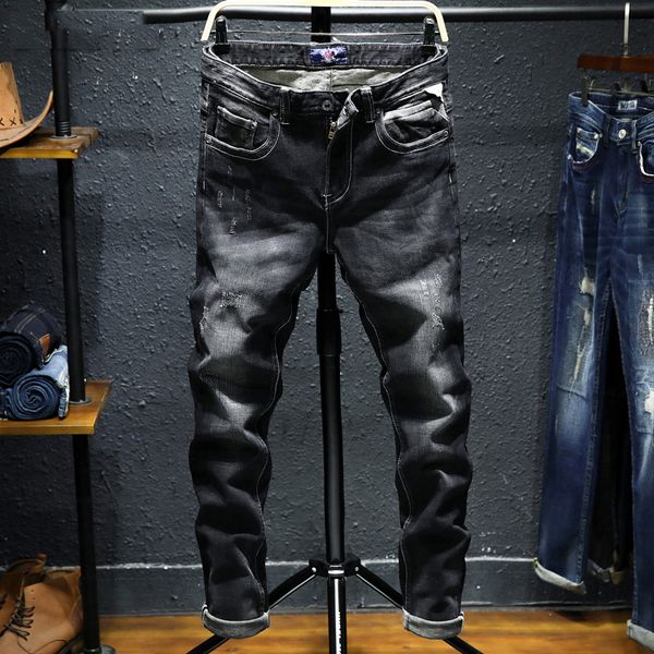 

2018 fashion streetwear men jeans black color slim fit white washed destroyed ripped jeans for men vintage classical homme, Blue