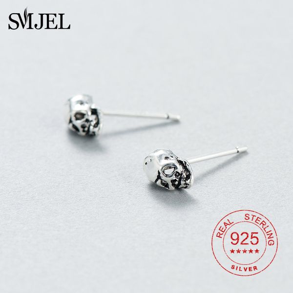 

smjel punk skull earrings for men boys cool 925 sterling silver jewelry hip-hop stud earrings vintage rock skeleton earring, Golden;silver