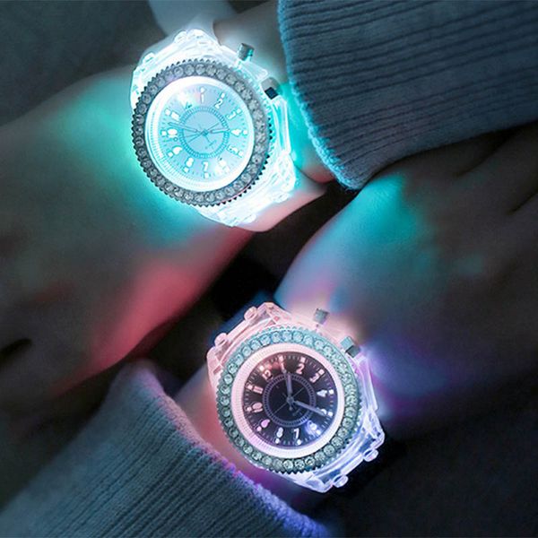 

quartz wrist watch led luminous clear rubber case silicone band casual watches fashion gift m8694, Slivery;brown