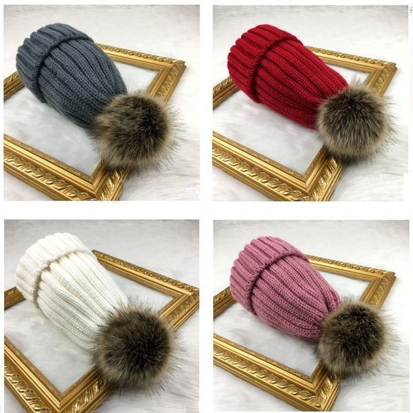 

winter striped knitted beanies caps kids fluffy pompom knit hats curled detachable hairy ball skullies cap
