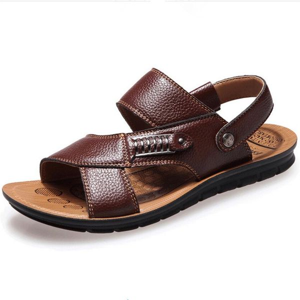 

summer sandals men's 100% real leather new men's sandals beach shoes casual breathable non-slip slippers shoes, Black