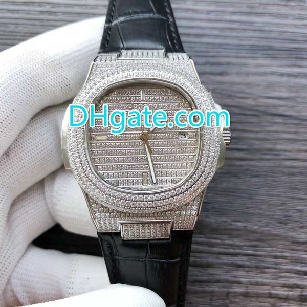 

40mm full diamond nautilus watch, glittering diamond machine automatic men's watch stainless steel silver shell leather strap, Slivery;brown