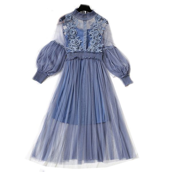 

2018 new design lantern sleeve lace flowers gauze dress women, White;black