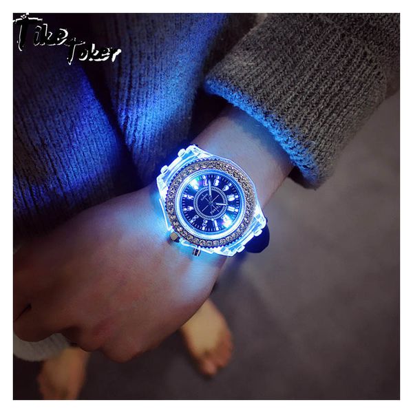 

men women lovers & student trends fashion sports led flash luminous watch personality jellies 7 colors light wristwatch 10, Slivery;brown