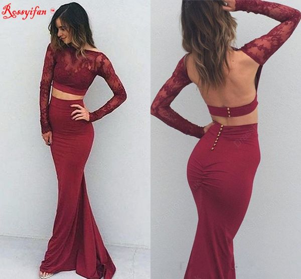 

burgundy two pieces prom evening dress long sleeve mermaid backless party pageant gown sheath lace dresses custom made, Black
