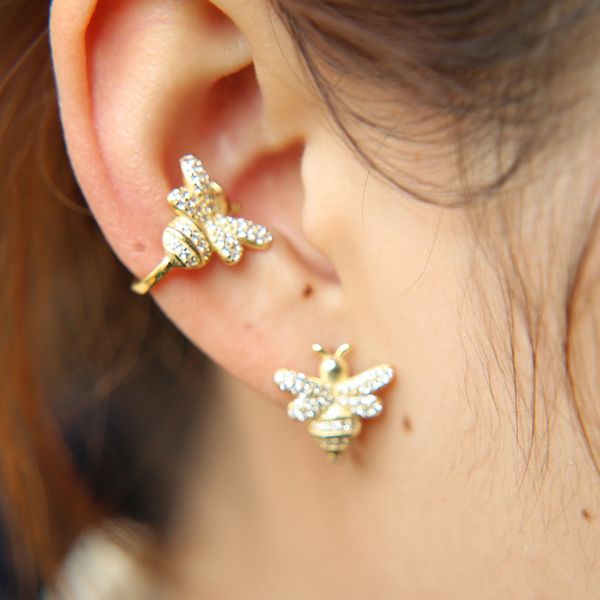 

2 styles cute insect bee micro pave cubic zirconia earrings gold color women studs ear cuff earrings, Golden;silver