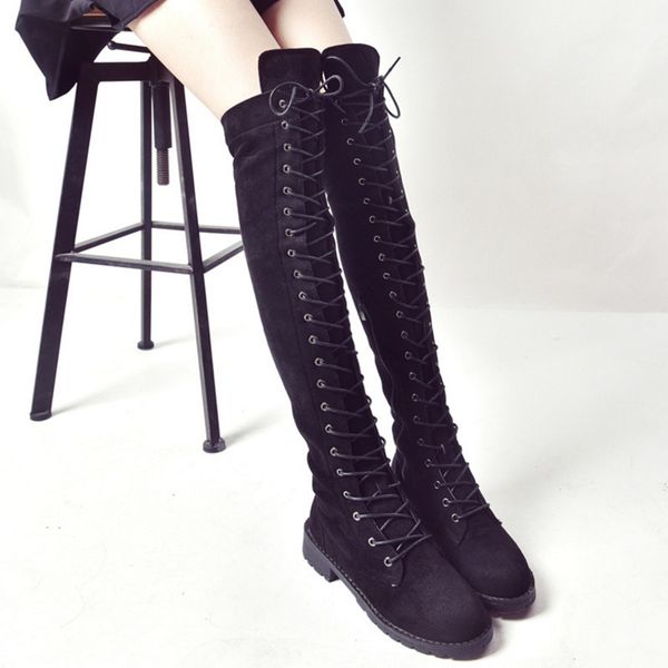 

lace up over the knee women boots autumn winter fashion shoes woman low heel boots for female ladies thin high, Black