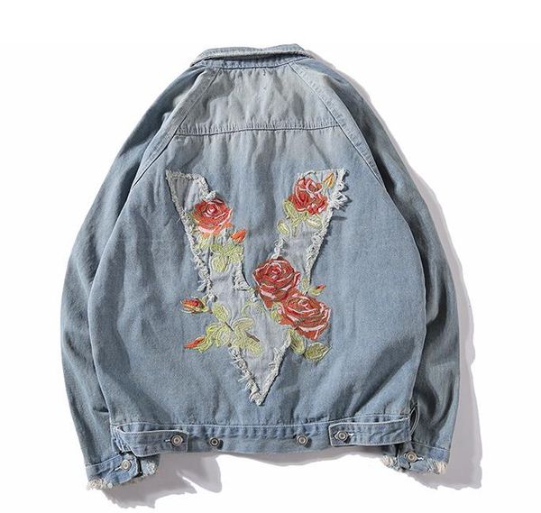 

Mens Fashion Brand Rose Embroidery Jeans Jacket Washed vintage Blue Denim Coat High Street Wear Free Shipping