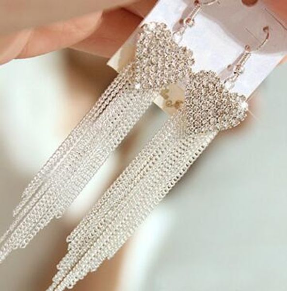 

new korean fashion metal super-long alloy set diamond heart tassel women earrings personality fashi, Silver