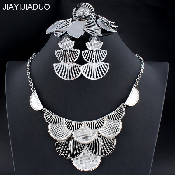 

jiayijiaduo african silver color wedding jewelry set for glamour women necklace earrings bracelet ring sets dress accessories, Slivery;golden