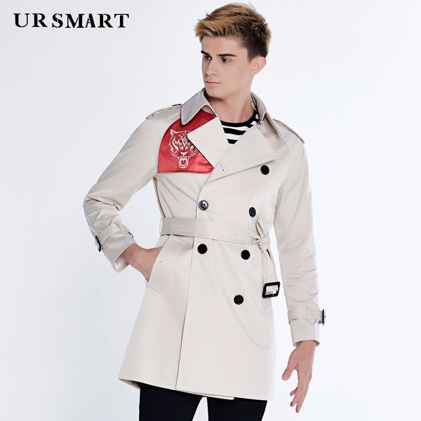 

ursmart british windbreaker male long double-breasted waist men's windbreaker printed rice white coat dust coat, Tan;black