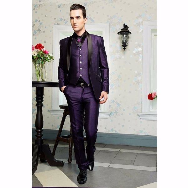 

new arrival shiny purple groom tuxedos man wedding suit shawl lapel one button men dinner prom blazer(jacket+pants+tie+vest)335, Black;gray