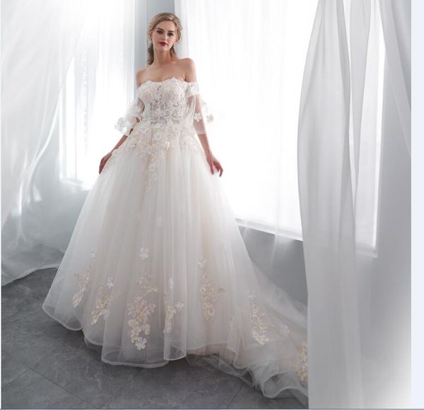 

2018 a-line in stock white tulle wedding dresses appliques sweetheart gold appliques wedding gowns fairy off the shoulder bridal dress 43657