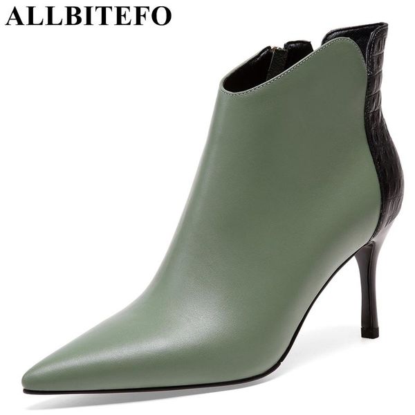 

allbitefo new fashion brand genuine leather high heels ankle boots women thick heel winter warm women boots snow girls, Black