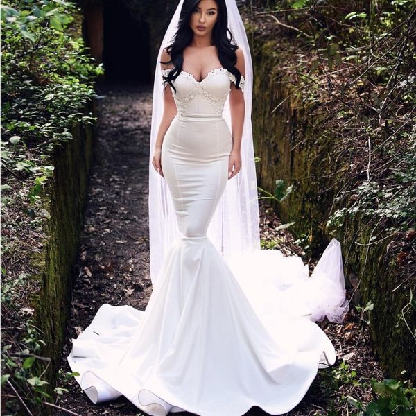 

dubai mermaid wedding dress lace applique off shoulder sleeveless bridal dress glamorous satin sweep train fashion saudi wedding dress, White