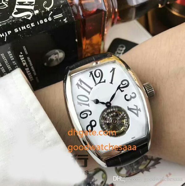 

factory supplier asia movement high qualit flywheel 39.5 * 55mm black dial leather strap bands automatic mechanical men's watches, Slivery;brown