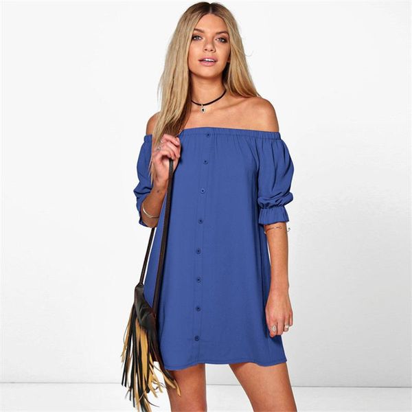 

2017 new fashion women dress summer spring slash neck solid cute sweet puff sleeve button loose chiffon club party dresses, Black;gray