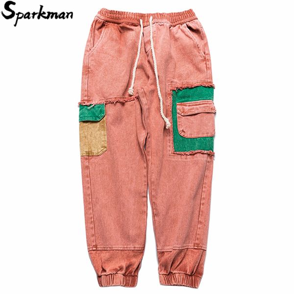 

retro color block ripped jean harem pant streetwear jeans pockets harajuku hip hop cargo pant men denim distressed trousers, Blue