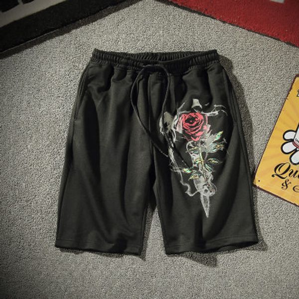

Summer Men Tech Pants Rose Printing Knee Length High Elastic Casual Short Pants Plus Size M-5XL