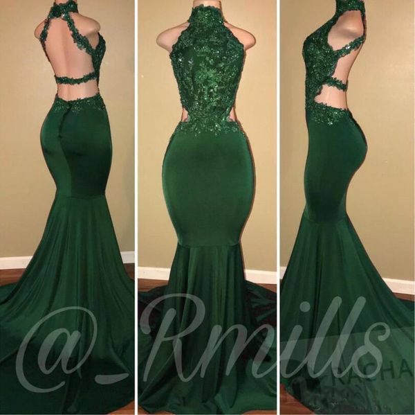 

Dark Green Mermaid Prom Dresses Long 2018 Sequined Beaded Sexy Backless Jewel Neck Lace Applique Floor Length Formal Dresses Evening Dresses
