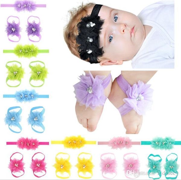 Sandálias infantis Shoes Tampa descalços Pé Flor Ties Baby Girl Kids First Walker Shoes Flores Headband Set Fotografia Props 16 cores 142