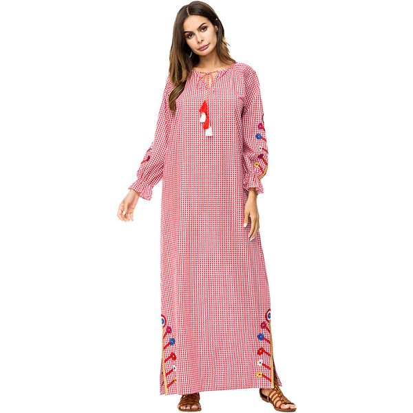

187253 muslin long sleeved embroidered robes pink plaid 2018 autumn fashion new style korean dresses mujer vestidos musulman gowns abayas, Red