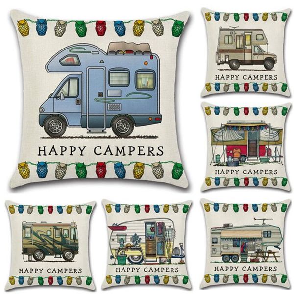 Happy Campers Tourenwagen-Kissenbezug, Überwurf, Leinen-Kissenbezug, Sofa-Kissenbezug, 45 x 45 cm, Zuhause, Café, Büro, Dekoration, Geschenk für Einweihungsparty