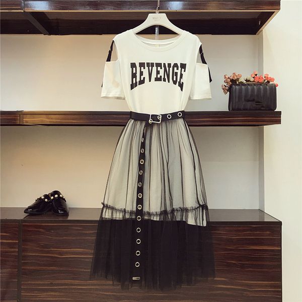 

designer women's 2-piece set 2023 summer women's cotton long strapless t-shirt mesh skirt fashion hole belt skirt suit, Black;gray
