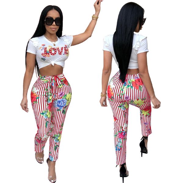 

women 2pcs sets sports flower pants short tshirts tracksuits love tees striped trousers outfits suits, White