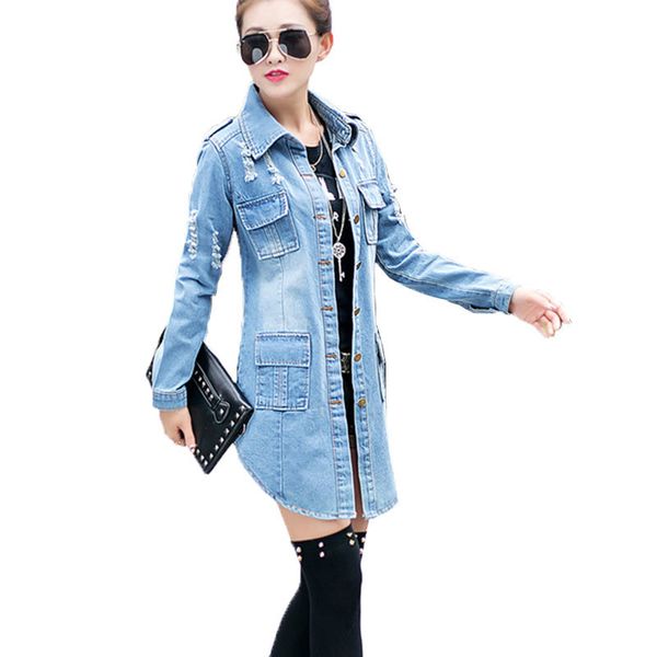 

bomber basic women denim jacket 2018 spring autumn new long section lapel hole retro wear jeans jacket female coat mujer lj243 s18101201, Black;brown