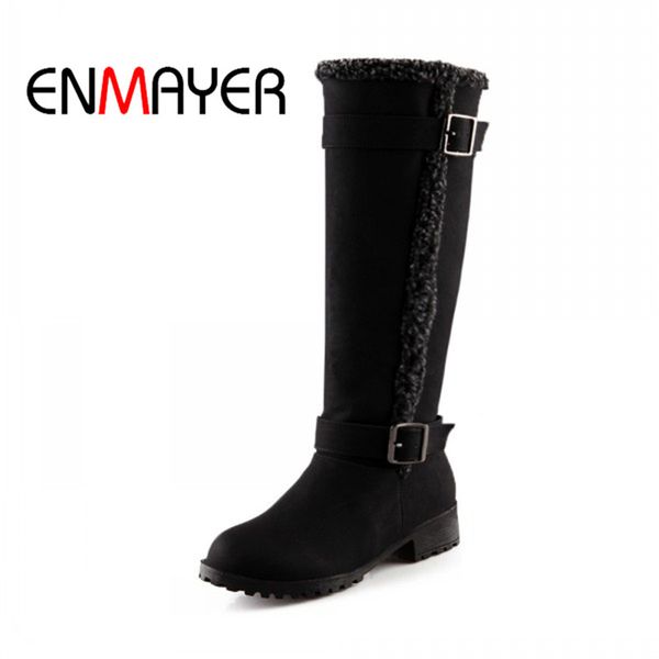 

enmayer women knee high boots round toe square heels lady med heel boots big size 34-43 causal black buckle shoes women cr921