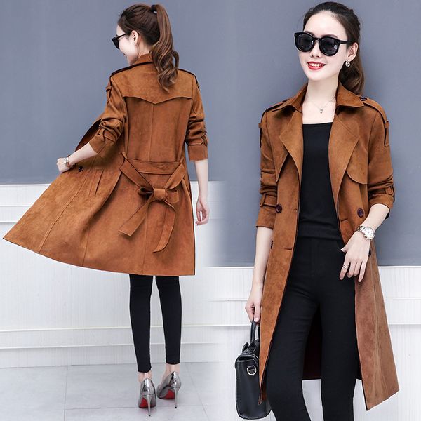

new spring autumn overcoats women's chamois trench coats long sleeve fashion turn-down collar overwear clothing mid-long trench, Tan;black