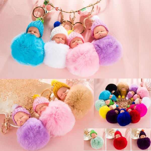 

10pcs Free Shipping 8CM Wholesale 12 Colors Genuine Rabbit Fur ball sleeping baby Plush Key Chains Car Keychain Bag Pendant Fashion Accessor