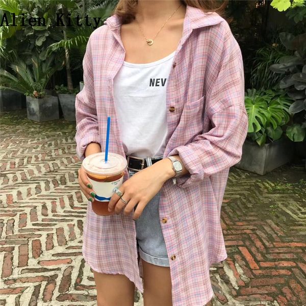 

alien kitty long sleeve thin blouse women sweet plaid lapel shirts women 2018 summer autumn harajuku slim loose feminina, White