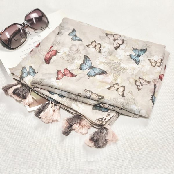 

2018 women butterfly pattern cotton tassel scarf 10pcs/lot, Blue;gray