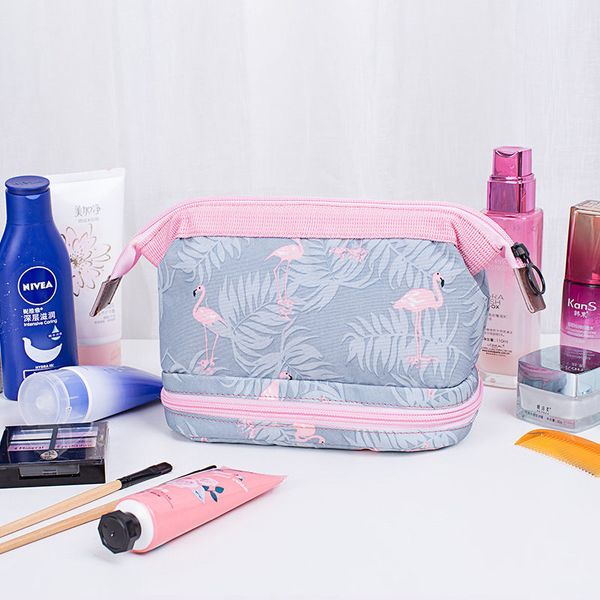 

pacgoth fashion 2018 new cotton cosmetic cases korean preppy style fresh two-layers flamingo pattern makeup tools tote bags 1 pc