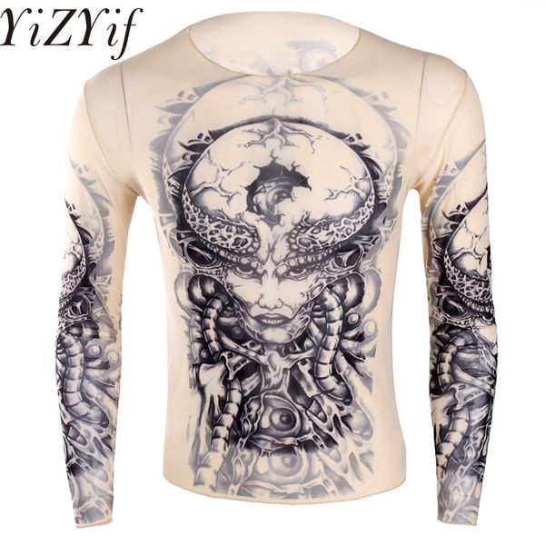 

yizyif fashion mens stretchy see through fake tattoo design t shirt long sleeve o-neck t-shirt for men's halloween party, White;black