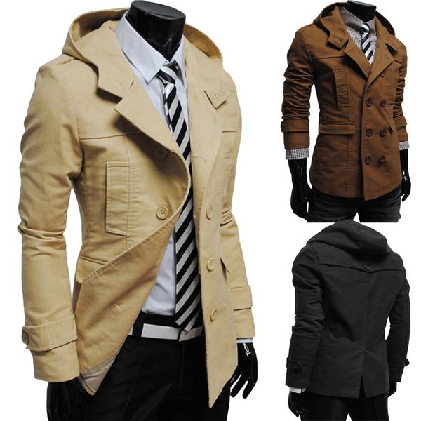

wholesale- fashion mens double breasted design windbreaker jacket spring and autumn tide slim hooded windbreaker coat, Tan;black