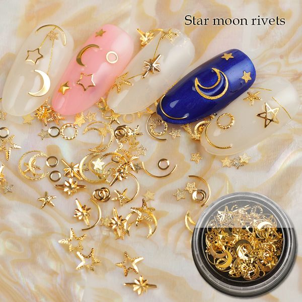 

1box mixed ab crystal rhinestones hollow metal studs 3d gold silver moon star rivets glier decoration diy nail art accessories, Silver;gold