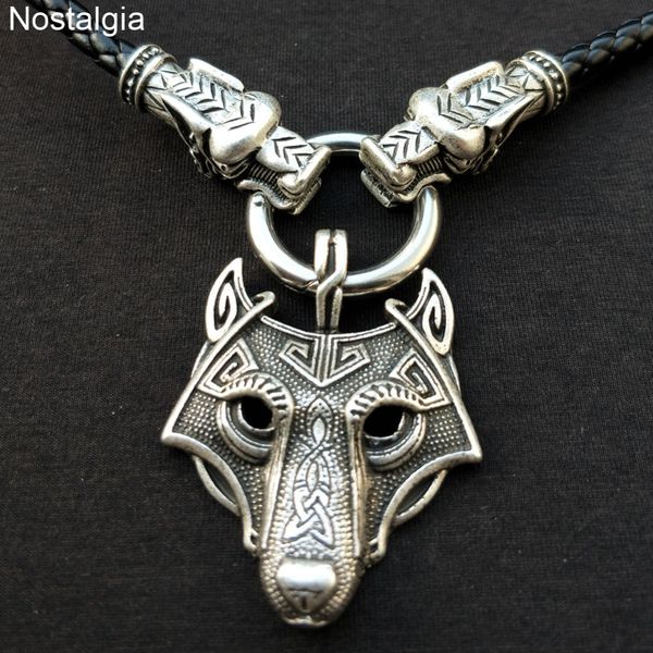 

nostalgia wolf amulet pendant viking dragon head leather chain necklace vikings serie teen wolf collares wicca pagan jewelry, Silver