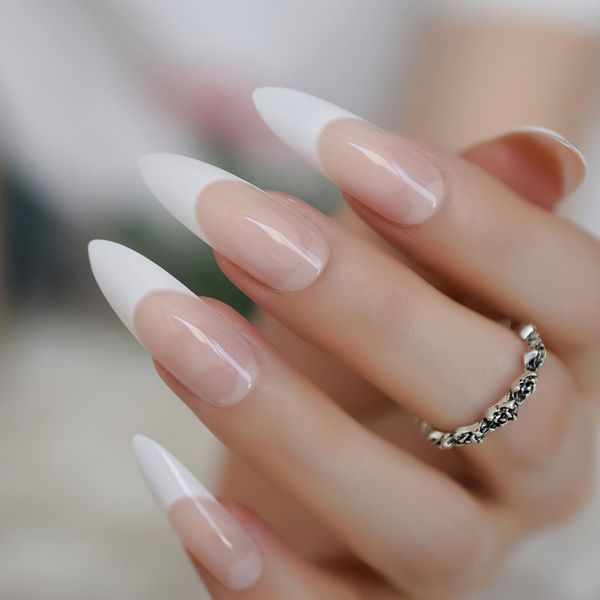 

extra long sharp nail classic white stiletto french false nails tips stilettos sharp beige orange pink salon acrylic nail art, Red;gold