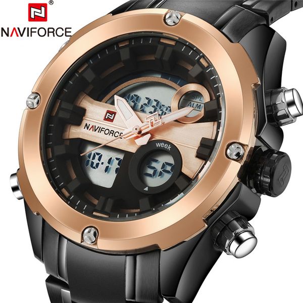 

naviforce montre homme sport watch mens watches stainless steel analog led digital quartz male clock, Slivery;brown