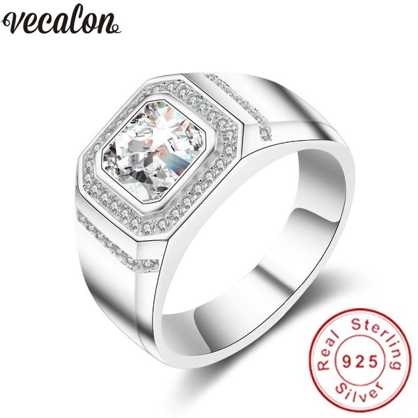 

vecalon fashion jewelry wedding band ring for men 2ct diamonique cz 925 sterling silver male engagement finger ring father gift, Slivery;golden