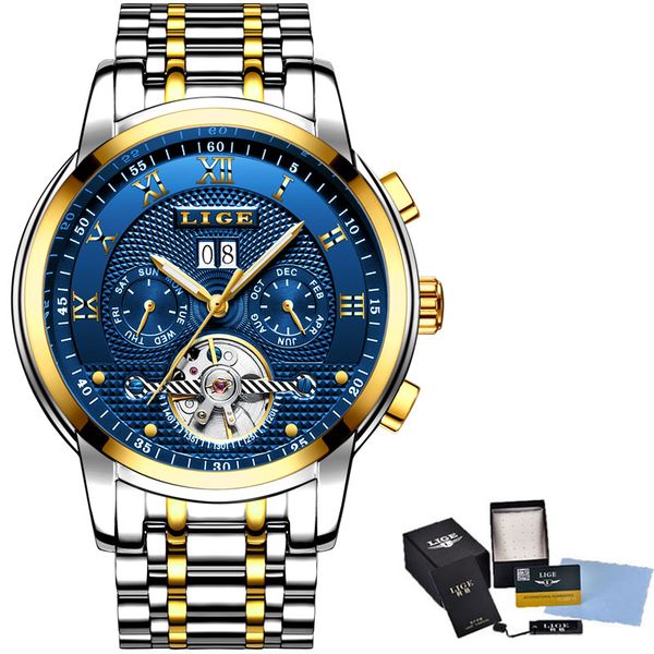 

relogio masculino men watches lige automatic mechanical watch men full steel business waterproof sport watche, Slivery;brown