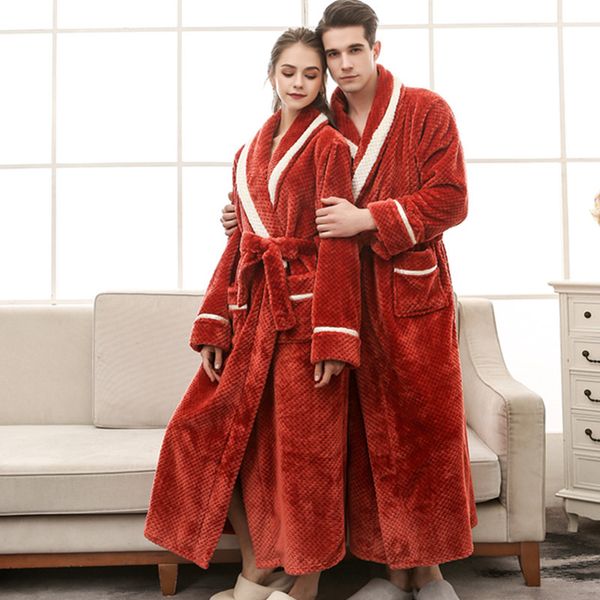 

noble brick-red women winter bathrobes men sleepcoats soft warm nighty with pockets l robes fashion pajamas, Black;red